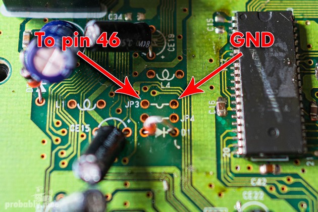 Jumper point connected to pin 46 (JP3) and a GND to its right.