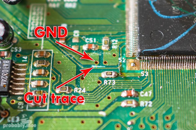 The GND now disconnected from pin 46. Here we've isolated it without disrupting the part of the trace leading to JP3.